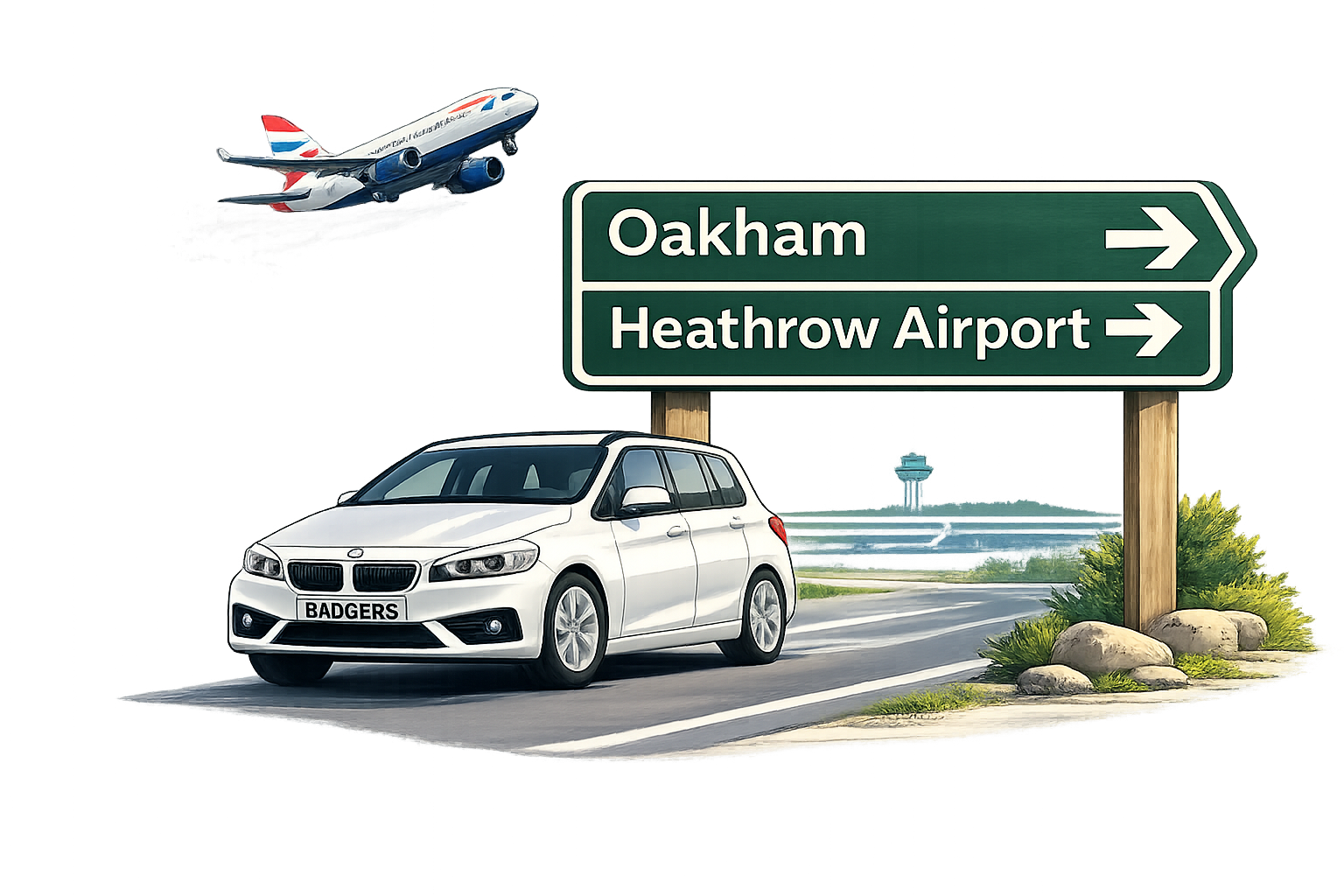 oakham to heathrow taxi with road signs and aircraft