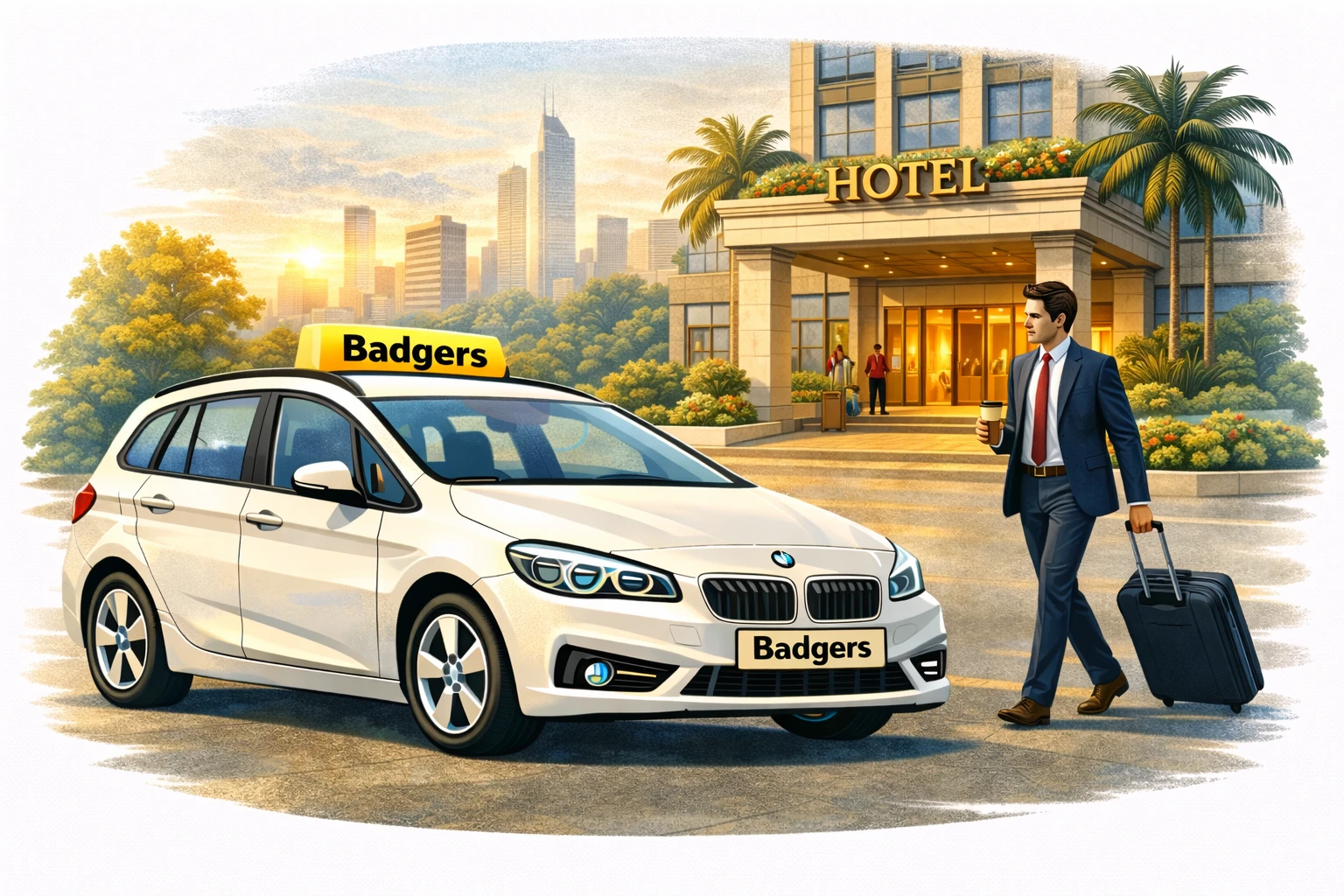 hotel taxi by Badgers outside generic hotel illustration