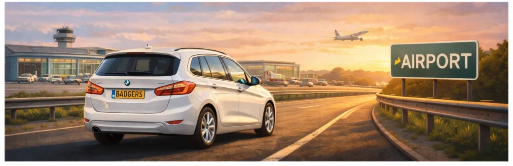 badgers taxi at a generic representation of a modern airport