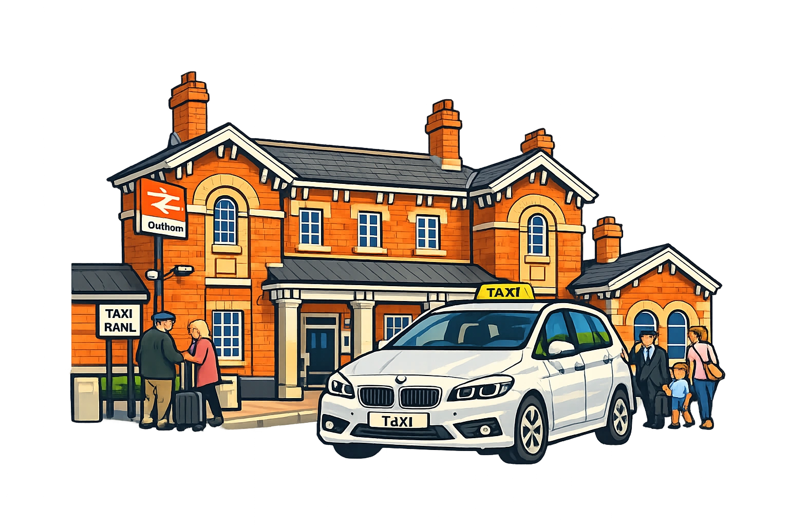 Oakham taxi outside a busy Oakham train station, illustration style