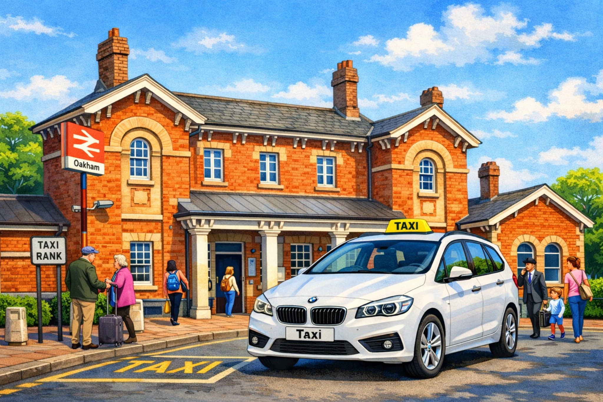 taxi outside a busy oakham train station