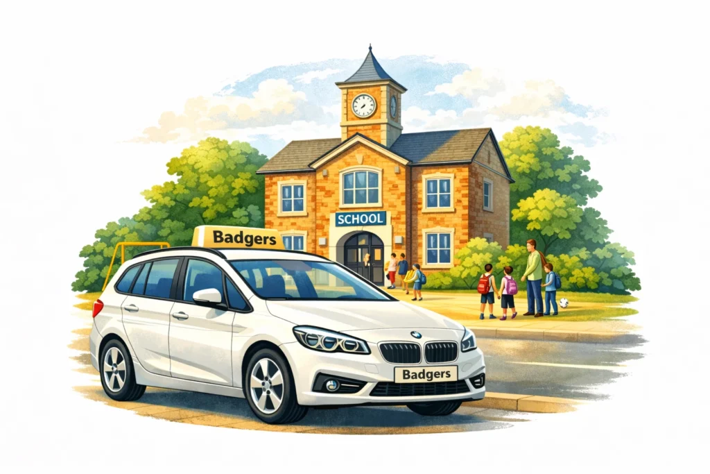 illustrated taxi outside a representative rutland school