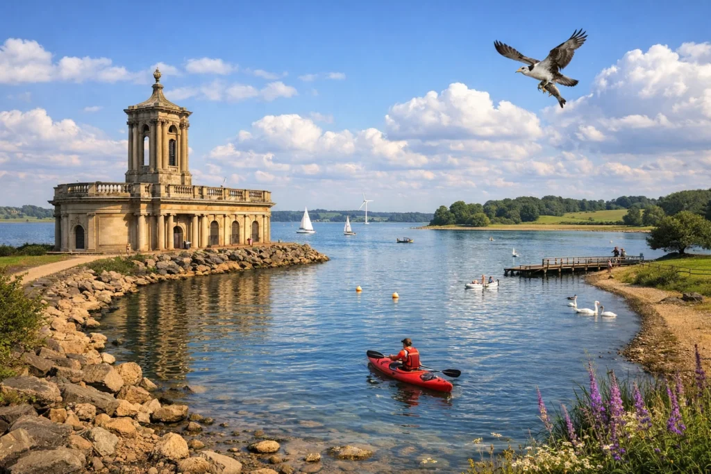 rutland water taxi service illustration of water with bird, church and kayaker