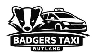 monochrome badgers taxi logo if stylised text and a badgers face in abstract
